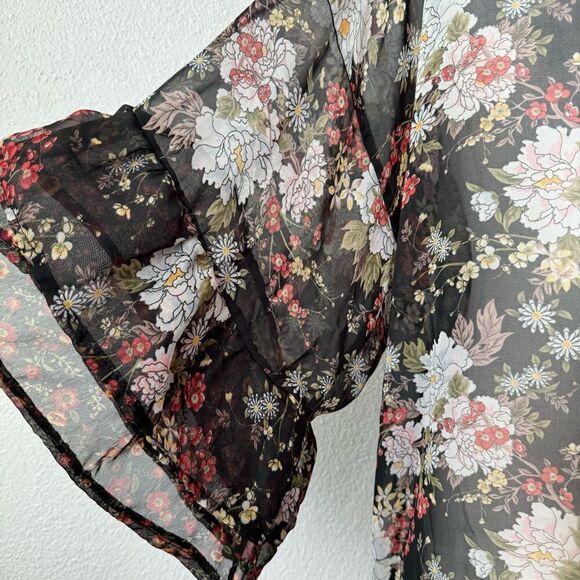 Mudd Black Floral Kimono Sheer Boho Shabby Chic - Picture 7 of 13